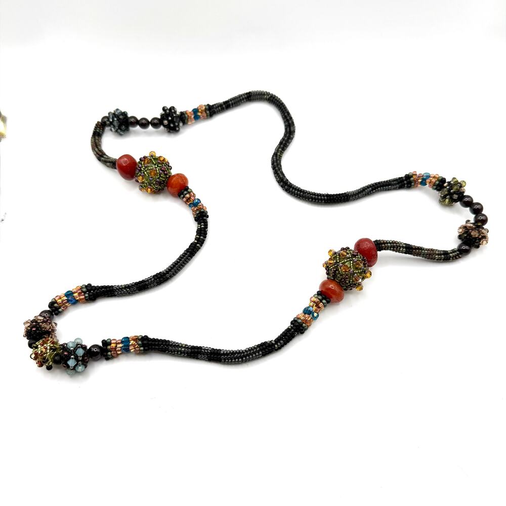 Vintage 90s Earthy Woven Seed Bead Crystal Focal Statement Loop Necklace